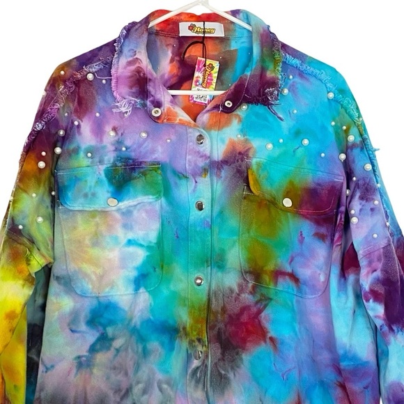Handmade Tie Dye Jean Jacket Shacket Womens Size Large XL Upcycled Pearl Pockets - Picture 14 of 14